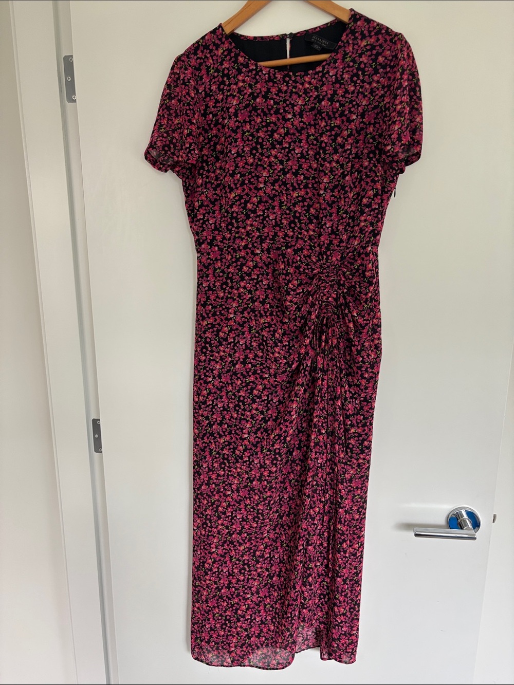 AllSaints Black Midi Dress with Pink Floral Print